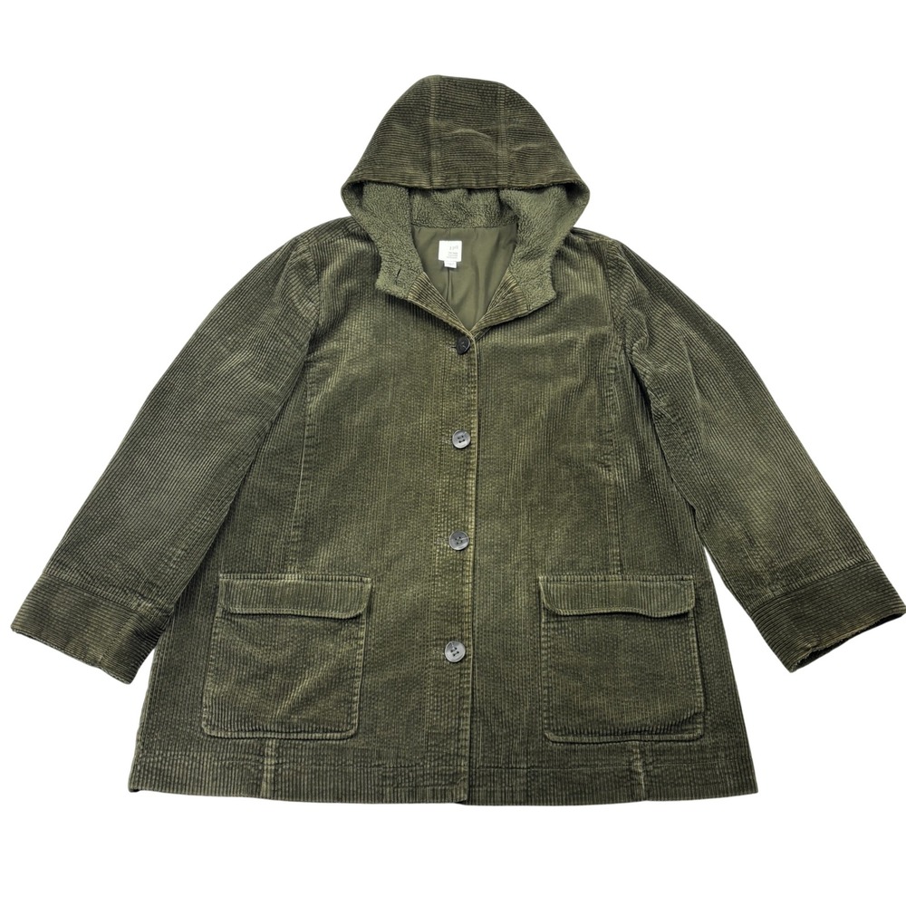 J Jill Coat Womens Size XL Green Heritage Tumbled Corduroy Sherpa Hooded Jacket